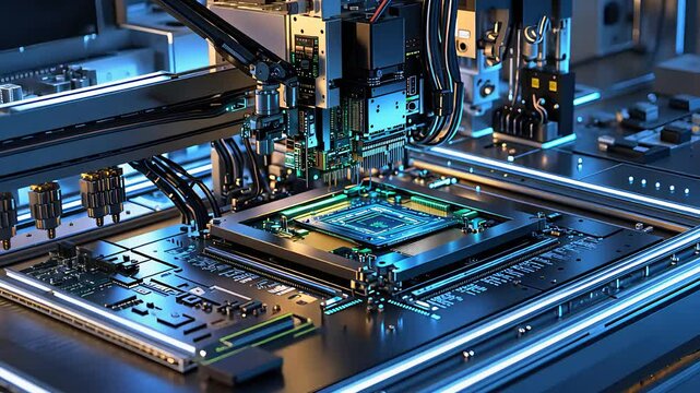 High-tech semiconductor manufacturing process with robotic assembly of a microchip on a circuit board in a cleanroom

