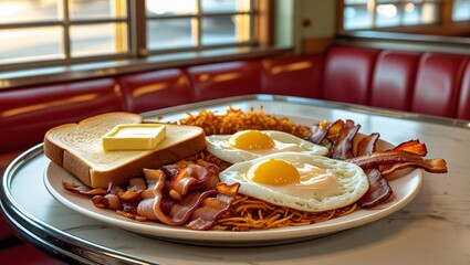 A classic diner breakfast with sunny-side-up eggs, crispy bacon, hash browns, toast with melting...