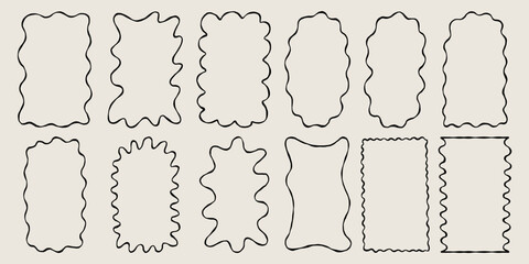Set Sketch Wavy Edges Frames. Scallop Squiggle Wiggle Border Simple Black Line Shape Collection. Hand Drawn Vector Isolated Illustration