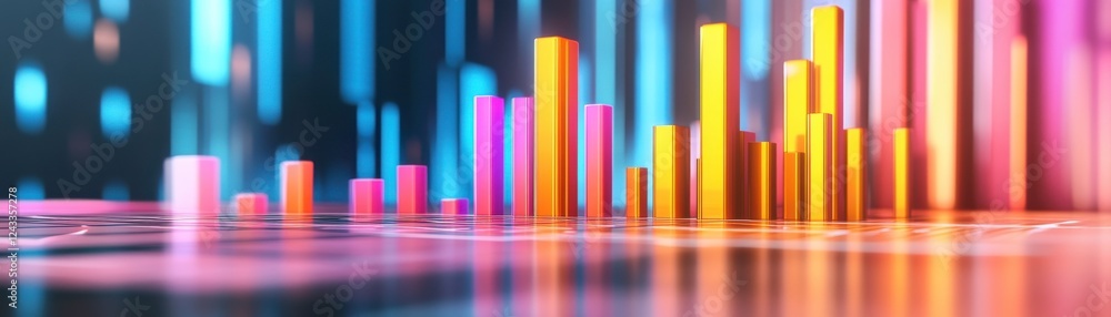Poster a vibrant, digital representation of data visualization featuring colorful bar graphs against a blue
