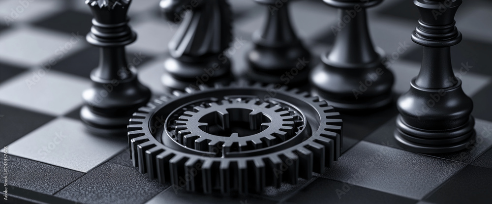 Poster A close-up of a chessboard showing black chess pieces with a gear-shaped object symbolizing strategy, precision, and tactical thinking in the game of chess.