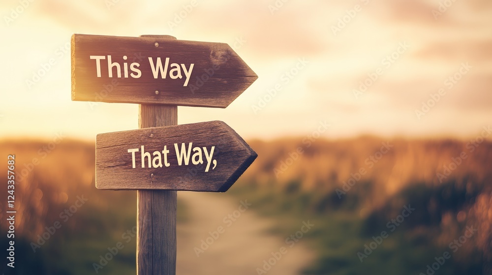 Poster Two weathered wooden signposts with the inscriptions this way and that way offer a choice of paths at sunset, symbolizing decision making and the pursuit of the right direction in life's journey