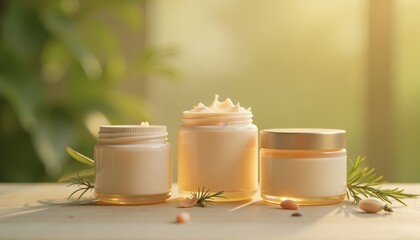 Natural skincare product in glass jars with plant extracts, sustainability concept