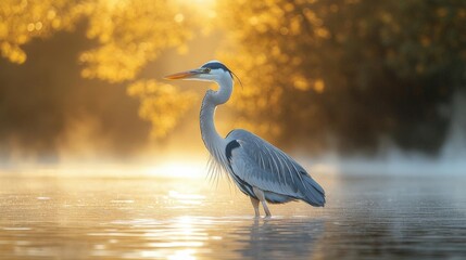 Naklejka premium Grey Heron at Sunrise in Misty Water