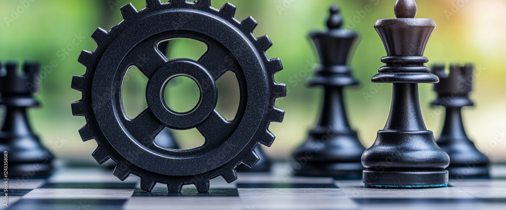 Poster close-up of a black chessboard showing a black king piece and a gear, symbolizing the fusion of stra
