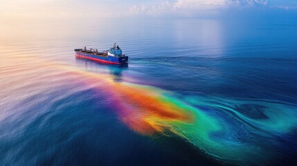 Cargo ship navigating through ocean with colorful oil spill at sunrise