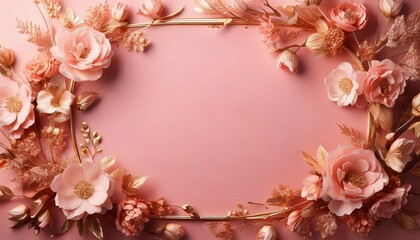 Obraz premium A pastel pink background with a delicate rose gold flower frame surrounding a blank space.