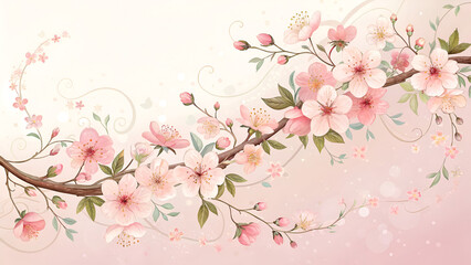 Artistic illustration of cherry blossom branches with pink flowers on a soft background