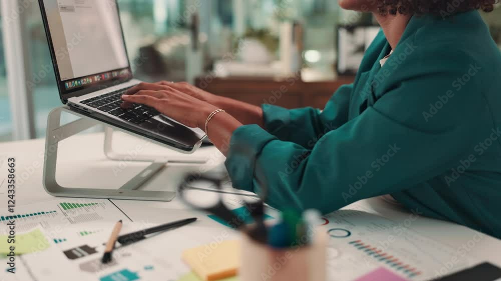 Poster laptop, planning and hands of woman in office with notes on data analytics, stats or development rep