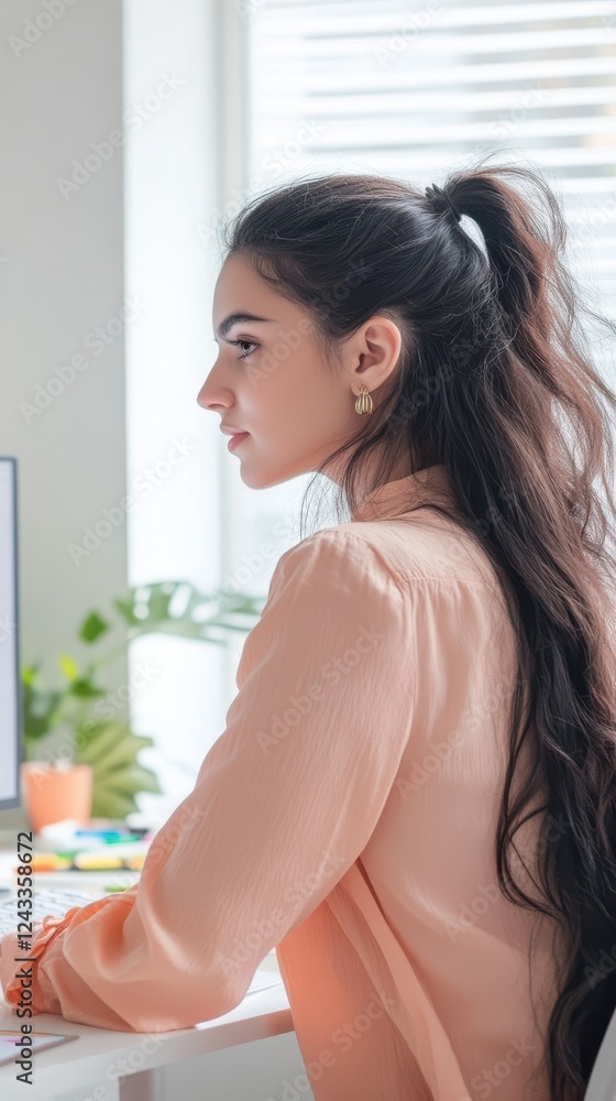 Poster young woman working intently at a minimalist office space with a modern computer setup during the da