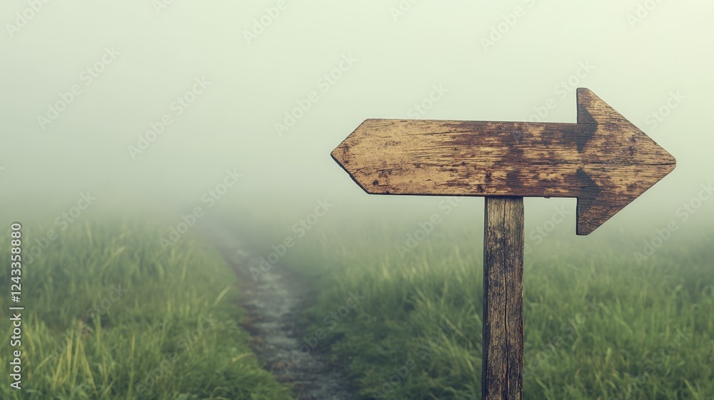 Poster wooden arrow sign pointing towards a foggy path through a field, symbolizing decision making, choice