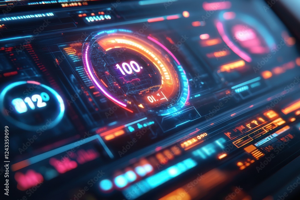 Poster a vibrant digital dashboard displaying a gauge at 100, surrounded by colorful indicators and data re