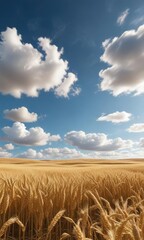 Naklejka premium Rolling waves of golden wheat against blue sky and clouds, texture, rolling, countryside