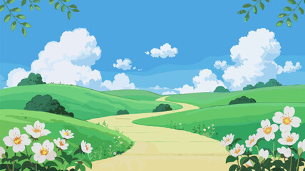 Cartoon Landscape with Green Hills and Path
