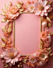 Obraz premium A pastel pink background with a delicate rose gold flower frame surrounding a blank space.