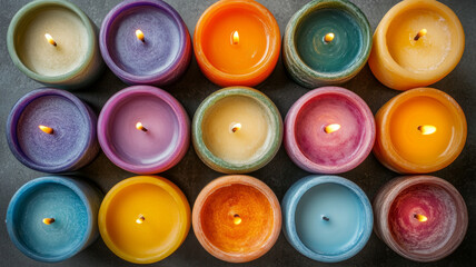 Fototapeta premium Top view of colorful candles arranged in rows.