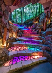 Illuminated mosaic stairs leading to a forest