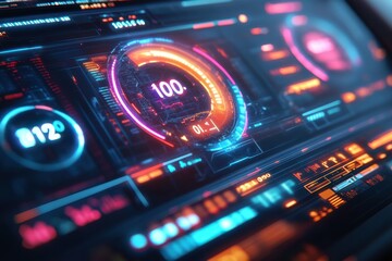 Obraz premium A vibrant digital dashboard displaying a gauge at 100, surrounded by colorful indicators and data readings.