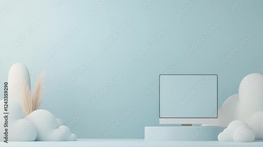 Poster modern workspace with a blank computer screen surrounded by soft pastel colored clouds and minimalis