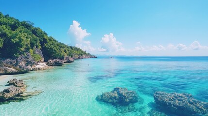 Landscape beautiful summer season panorama horizon look view tropical shore open sea cloud clean blue sky background calm nature ocean wave water nobody travel at Koh Muk Trang Thailand sun day time
