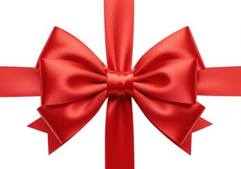 Red satin gift bow, glossy ribbon, symmetrical loops, festive decoration, bright crimson color, white background, centered composition