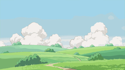 Cartoon Landscape with Green Hills and Winding Path