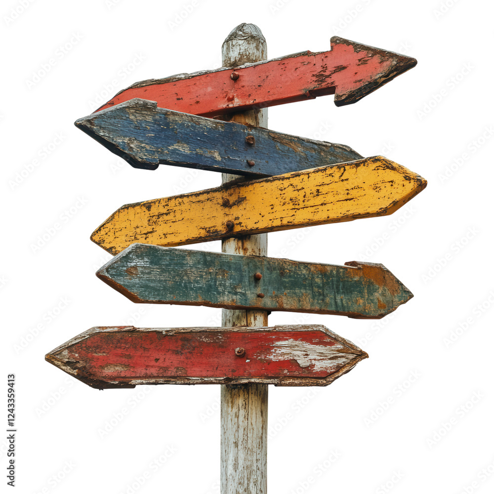 Poster artistic signpost with diverse directional arrows, transparent background, ideal for creative projec
