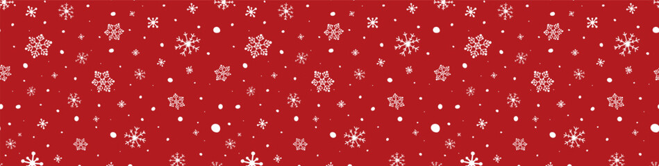 Christmas snowflake red long banner. White snowflakes seamless background. Happy Holiday card. Hello winter border. Color snowfall frame. Flying confetti. Celebration design. Vector illustration