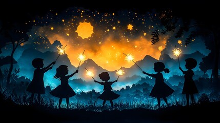 Fototapeta premium Group of kids playing with sparklers at night, magical holiday moment, bright and engaging vector paper cut illustration