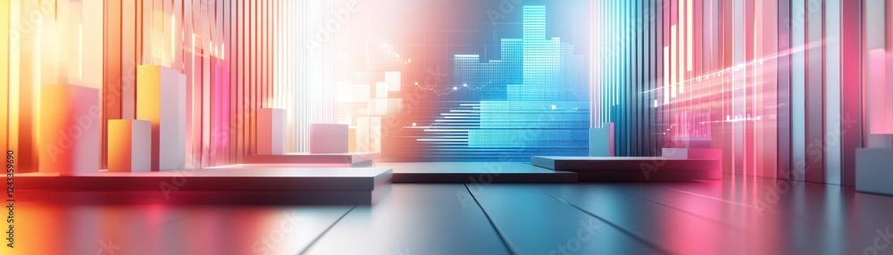 Poster a vibrant digital landscape featuring colorful vertical bars and abstract shapes, suggesting data vi