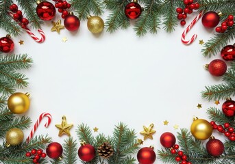 Christmas ornaments, pine branches, red and gold baubles, berries, white background, festive border, holiday decorations, star ornaments