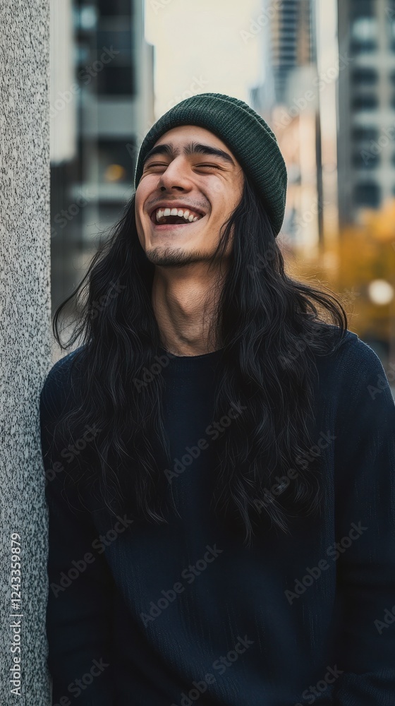 Aufkleber young man enjoys a moment of joy while standing in an urban environment with a smile and relaxed dem