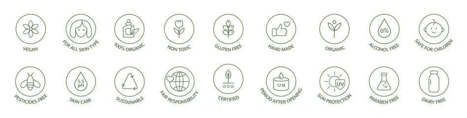 Organic cosmetic line icon. Vegan, bio product. Natural food badges. Hypoallergenic, safe for children, clean cosmetic, non toxic. GMO free emblems. Sustainable. Vector illustration
