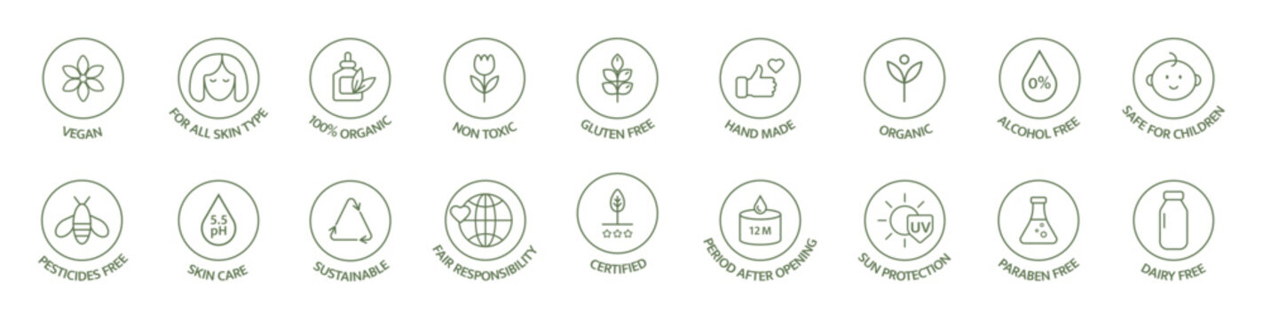 Organic cosmetic line icon. Vegan, bio product. Natural food badges. Hypoallergenic, safe for children, clean cosmetic, non toxic. GMO free emblems. Sustainable. Vector illustration