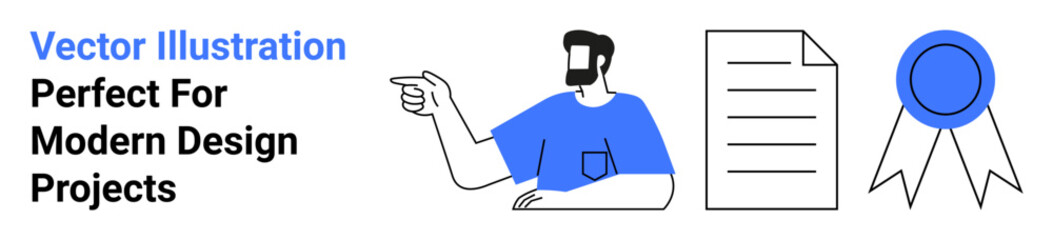 Man pointing with confidence next to a document and badge. Ideal for education, certification, achievement, awards, professionalism, motivation, and career growth themes. Flat landing page banner