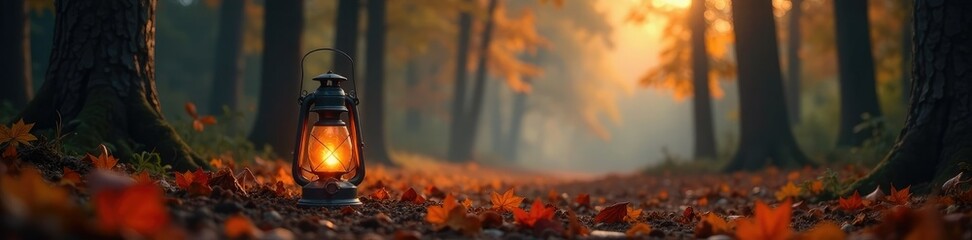 Aromatic smoke rises from a lantern amidst an autumnal landscape, forest, orange smoke, warm