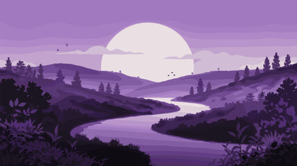 Purple Monochromatic River Valley Landscape