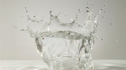 A clear splash of mineral water, captured mid-air against a pristine white background.