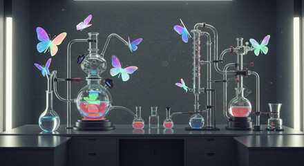 ホログラフィックディスプレイが美しく舞う未来的なアール・ヌーヴォー風の実験室の風景