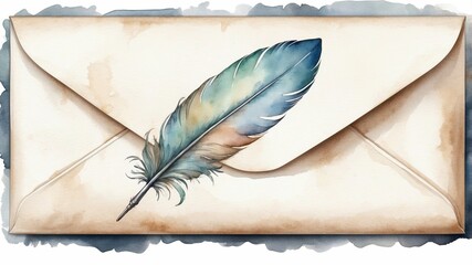 Elegant envelope with a feather quill resting on top in a serene artistic setting
