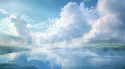 Obraz premium Serene Misty River Landscape Under a Cloudy Sky