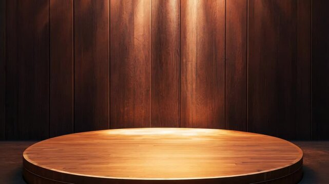 Warm spotlight on circular stage with expanding light beam in dark wooden interior