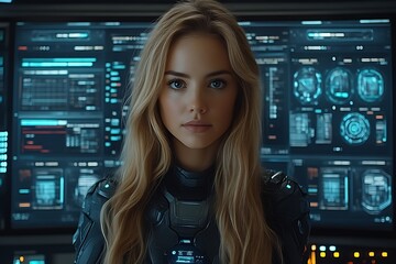 Woman in futuristic suit before monitor.