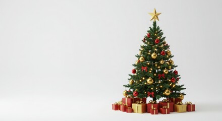 Christmas tree, ornaments, gold baubles, star topper, red and gold presents, white background, festive, holiday scene