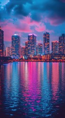 Obraz premium Vibrant city skyline at dusk reflecting colorful lights on a serene waterfront