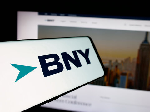 Stuttgart, Germany - 01-30-2025: Cellphone with logo of company The Bank of New York Mellon Corporation (BNY) on screen in front of website. Focus on center-left of phone display.