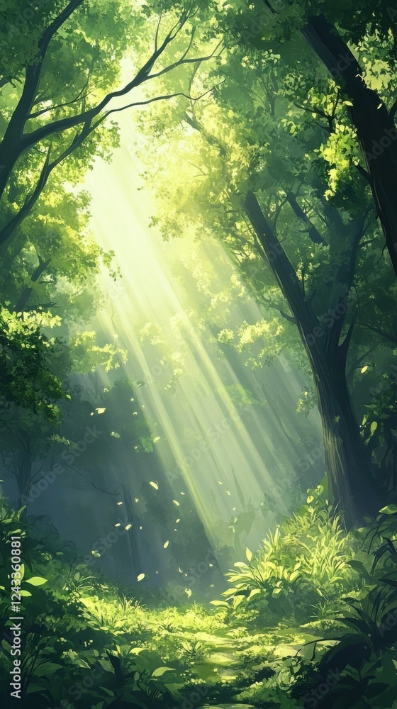 Poster Sunlight filters through trees in a serene, lush forest filled with vibrant greenery and soft shadows