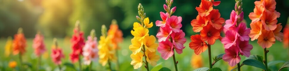 Fototapeta premium Colorful large snapdragon flowers blooming rapidly outside, plants, wildflowers, snapdragons