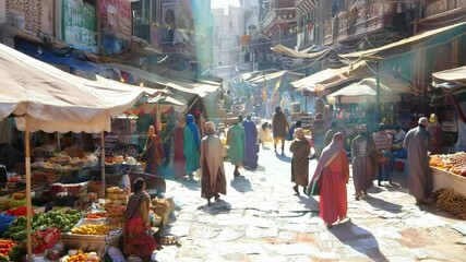 Bustling market street with vibrant colors and diverse shoppers in motion