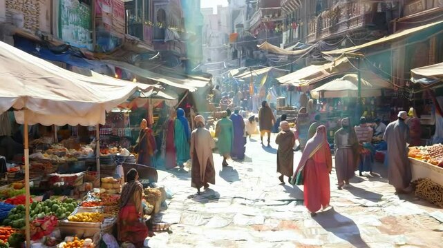 Bustling market street with vibrant colors and diverse shoppers in motion